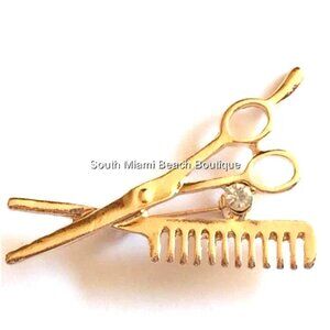 Hair Stylist Pin Brooch Crystal Gold Plated Scissors Comb Graduation Gift